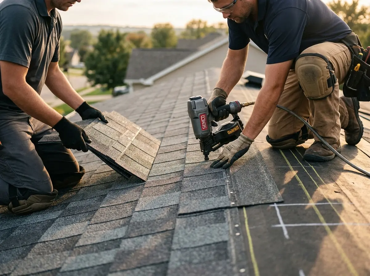 Professional roofer working on a residential roof in Perry Hall
